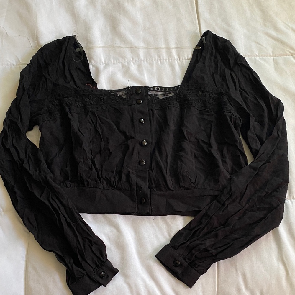 Heart Hips Black Lace-Trim Button Front Blouse